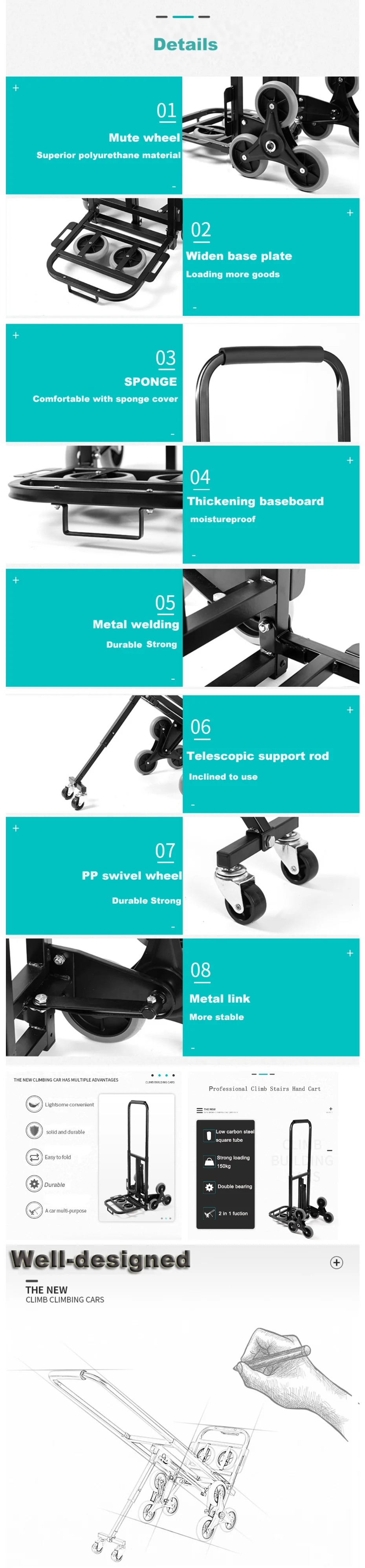 150kgs Loading Stair Climbing and Folding Warehouse Hand Truck Aluminum Luggage Trolley Carts with 3 Wheel