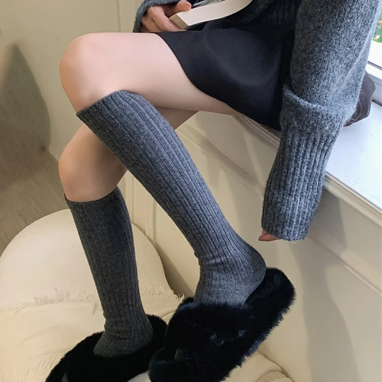 Autumn And Winter Women's Knitted Socks Solid Color Vertical Striped Warm Knee Length Socks Harajuku Fashion Lolita Long Socks