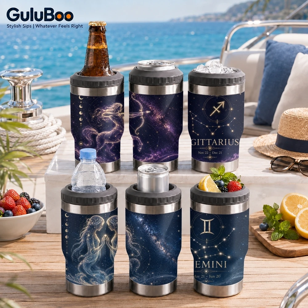 1-6 Simple Twelve Zodiac Signs 4-in-1 Insulated Can Cooler Cup For Beer Soda Coffee, Stainless Steel Hot Cold Drink Holder Mug