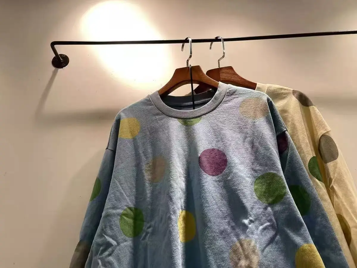 Bust 116cm pure cotton polka dot print t shirt for women autumn harajuku fashion Japanese style beige blue dot long sleeve tops