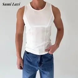 Sports Fitness Slim Sleeveless Tank Tops Men Fashion Solid Color Pleated Ribbed Vest Shirts Mens Summer Casual Elastic Camisoles