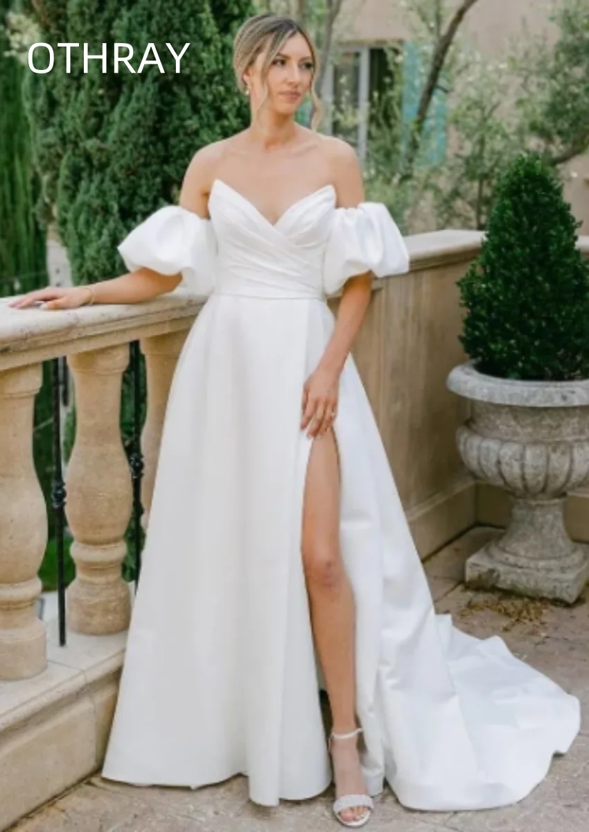 Othray Strapless Sweetheart A Line Boho Simple Bridal Gown Satin Puffy Sleeves Wedding Dresses for Women Long with Slit Beach