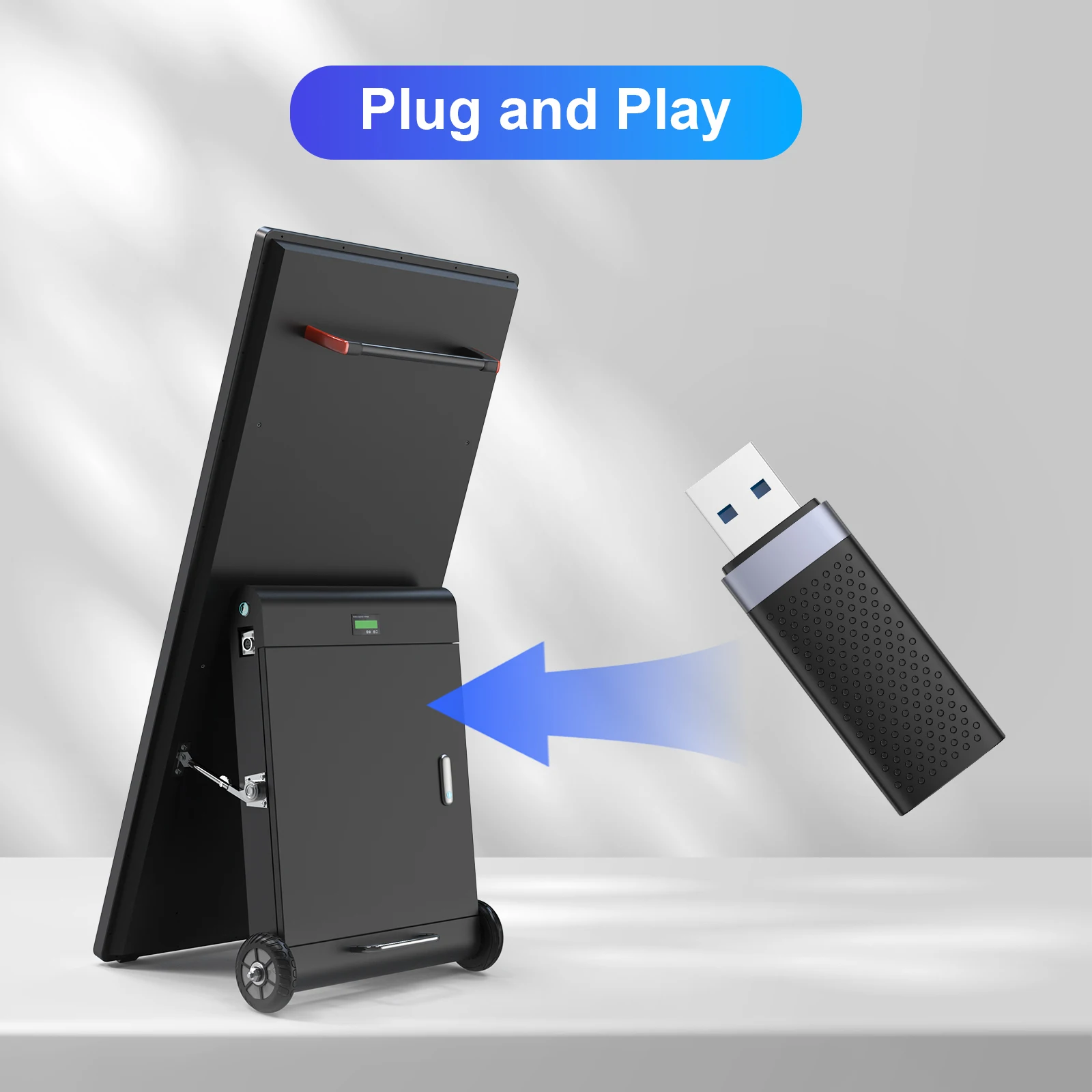 شاشات لافتات رقمية محمولة قابلة لإعادة الشحن مقاس 43 بوصة من NWE، مقاومة للماء IP55، شاشة مقسمة LCD ذكية، كشك متحرك