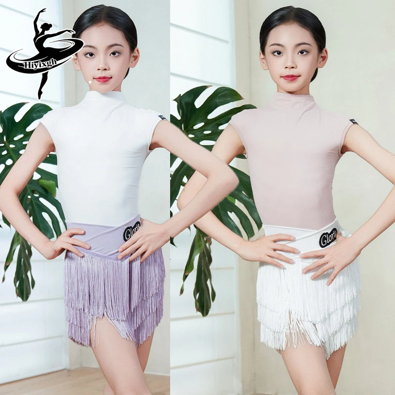 Nuevo Traje de Baile Latino 2026 con Falda de Flecos y Manga Corta para Niñas, Traje de Práctica para Chacha, Rumba, Tango, Disfraces de Baile Latino Infantiles