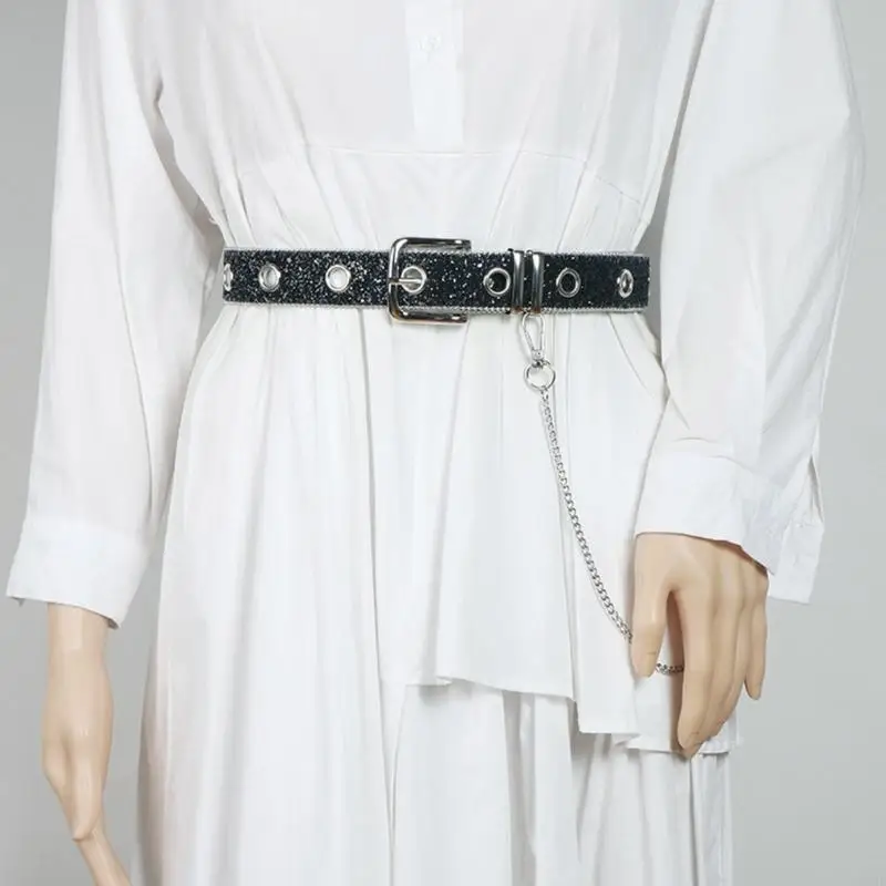 Sparkly Women Leather Belts Single Grommet Detachable Chain 1.3