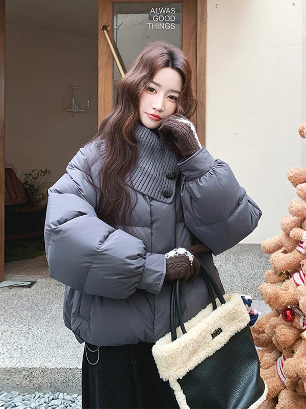 니트 스탠드 칼라 브레드 다운 재킷 여성용 2025년 겨울 신상 하이 디자인 감각적 따뜻한 외투