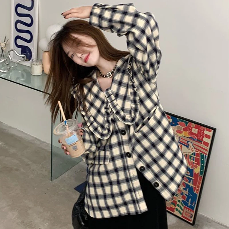 

Plaid Shirts Women Peter Pan Collar Vintage Fashion Loose Chic Kawaii Korean Style All-match Students Casual Streetwear Camisas