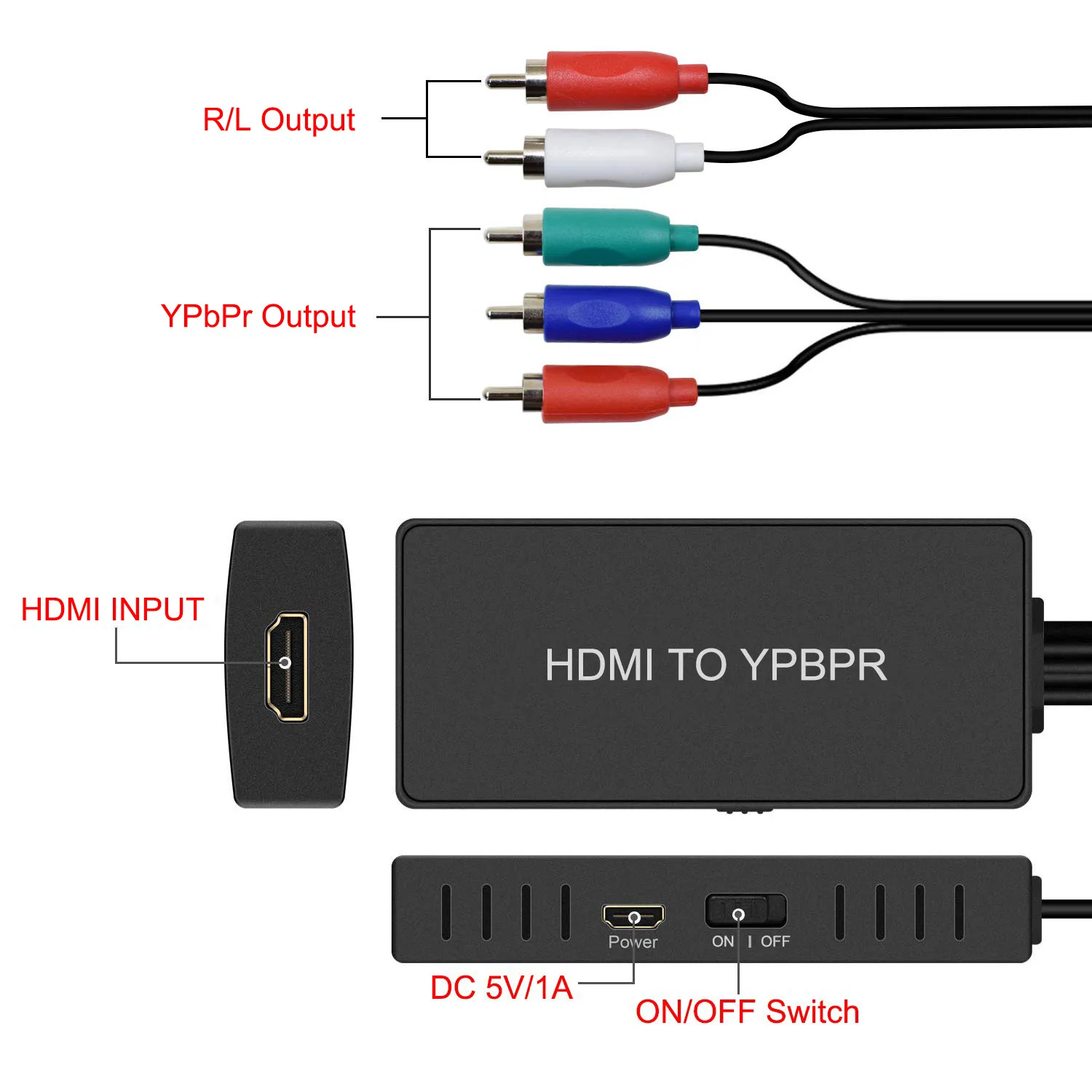 KuWFi Adapter konwertera HDMI na YPBPR R/L wyjście Audio 5RCA RGB konwerter Adapter R/L wyjście Audio