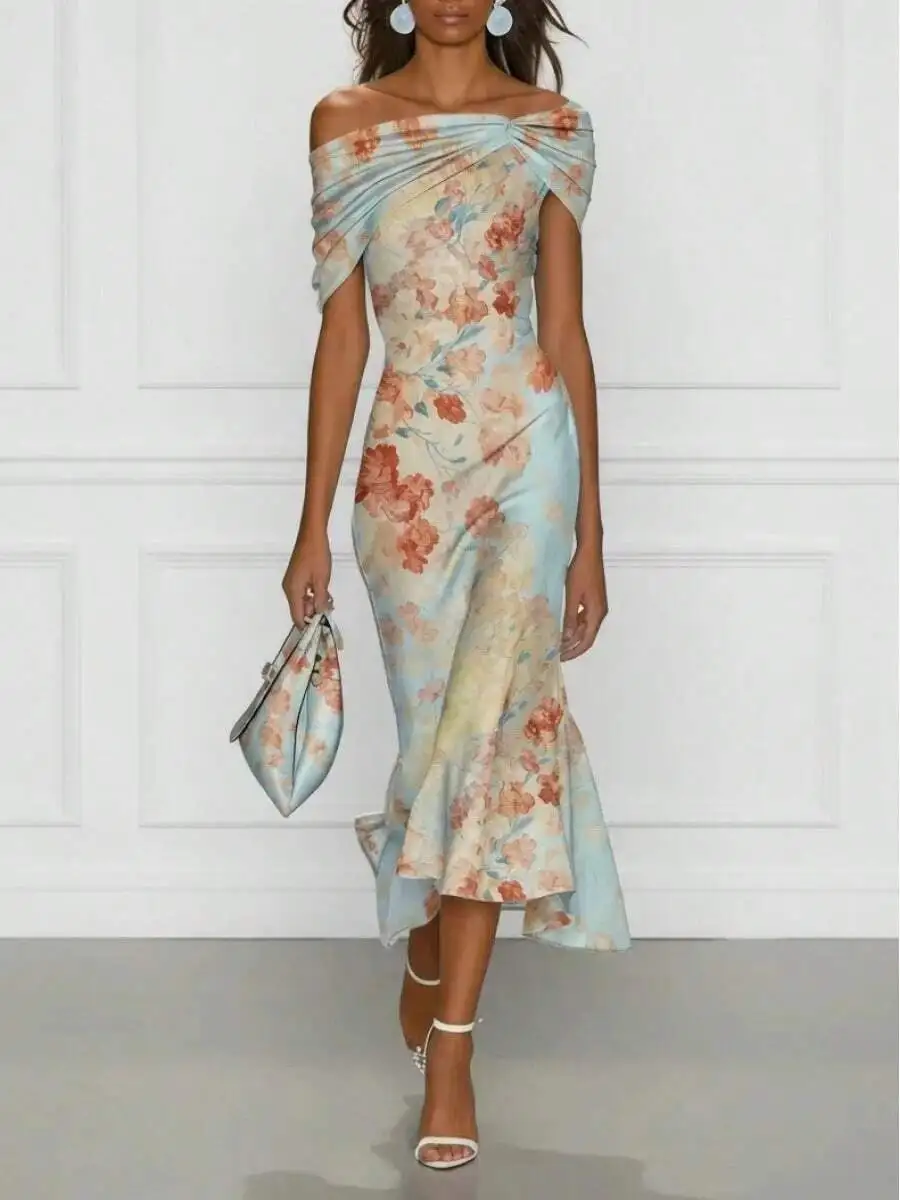 

Off Shoulder Floral Print Polyester Midi Dress For Women Summer 2026