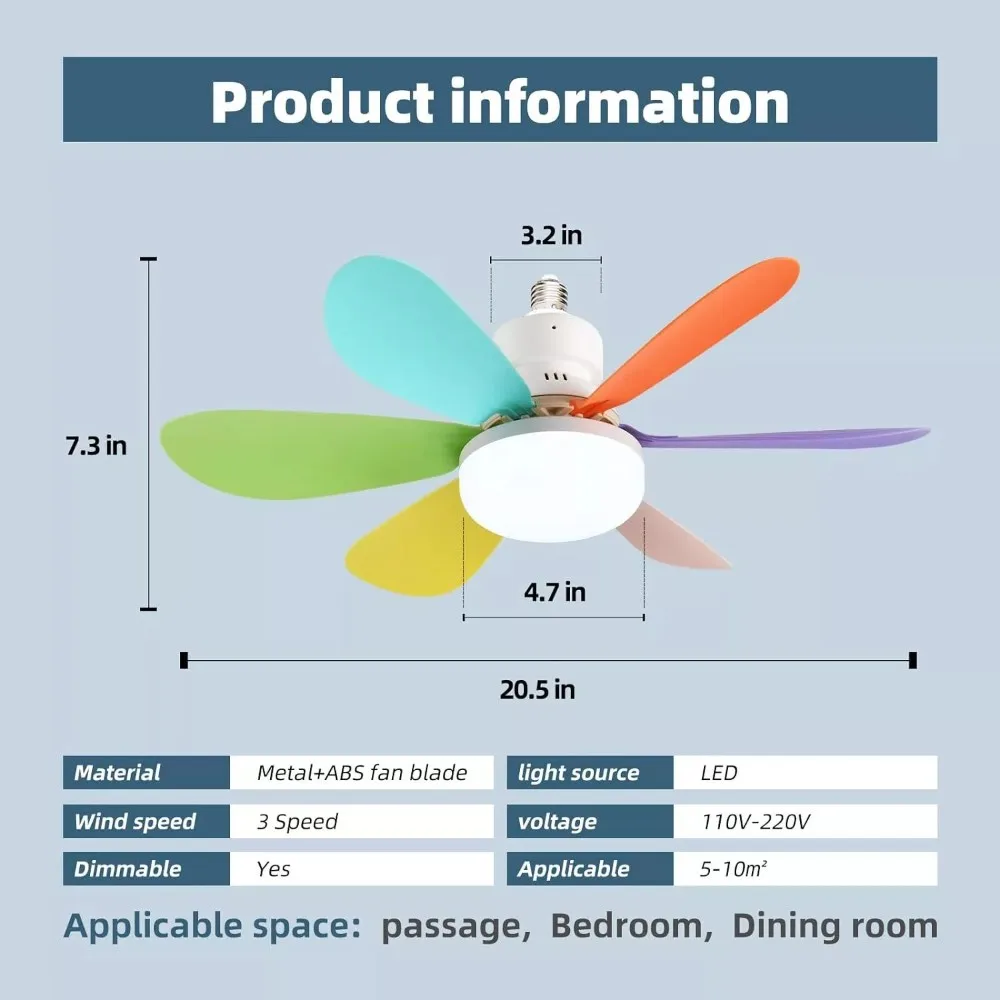 E27 40W fan light Socket Ceiling Fan with Light, 20.5in Screw Ceiling Fans with LED with Remote For Bedroom, Garage and Kitchen