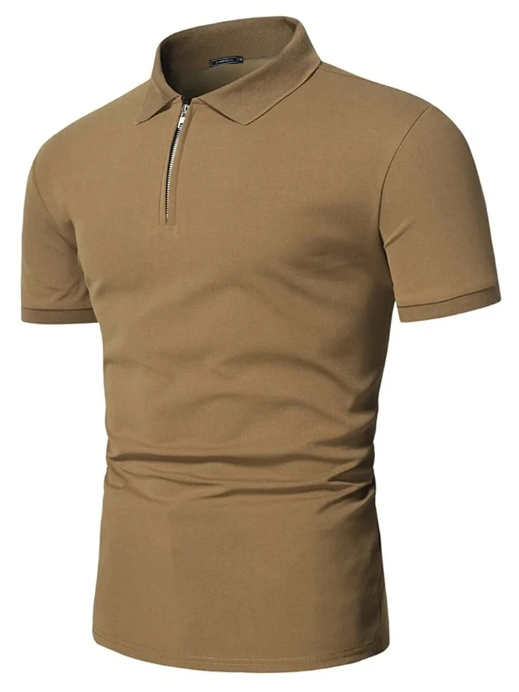 Men\'s polo shirt solid color short-sleeved zipper lapel T-shirt casual top