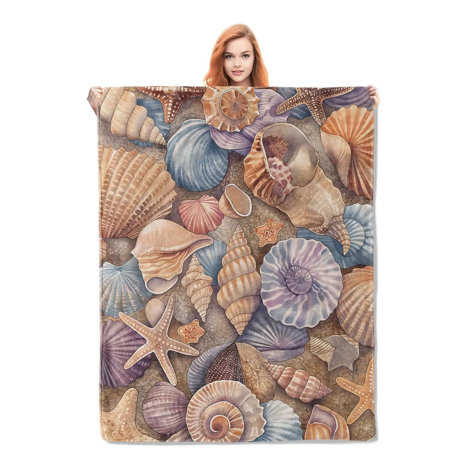 Nautical Coastal Blanket Ocean Starfish Seashell Coral Beach Throw Blanket Gift for Adult Teen Soft Fleece Blanket for Sofa Bed
