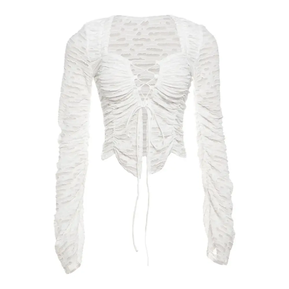 

Fashion V-neck White Shirt Women Hollow Out Loose Long Sleeve Shirt Ruffle Drawstrings Ripped Blouse Women
