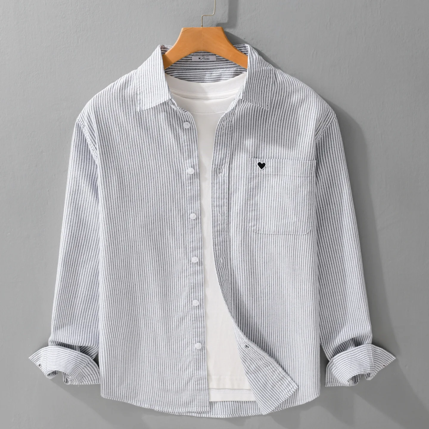 All Seasons Cotton Oxford Stripe Long Sleeve Shirt Men's Casual Bottom Up Shirt Spring Autumn Heart Embroidered Loose Tops 6225