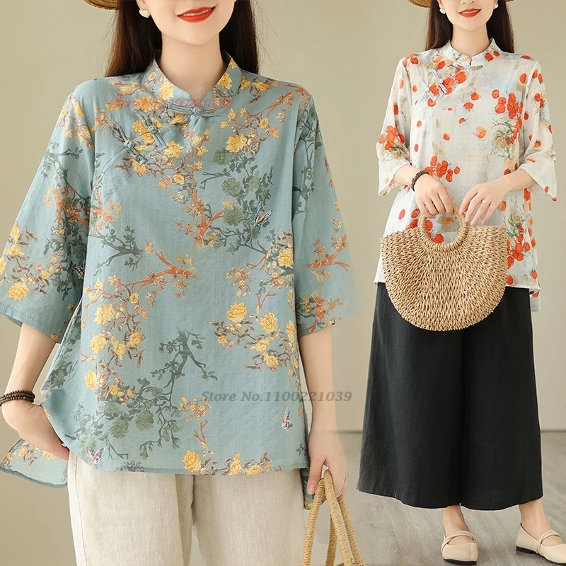 

2024 traditional chinese vintage hanfu tops national flower print folk loose blouse oriental improved stand collar qipao blouse