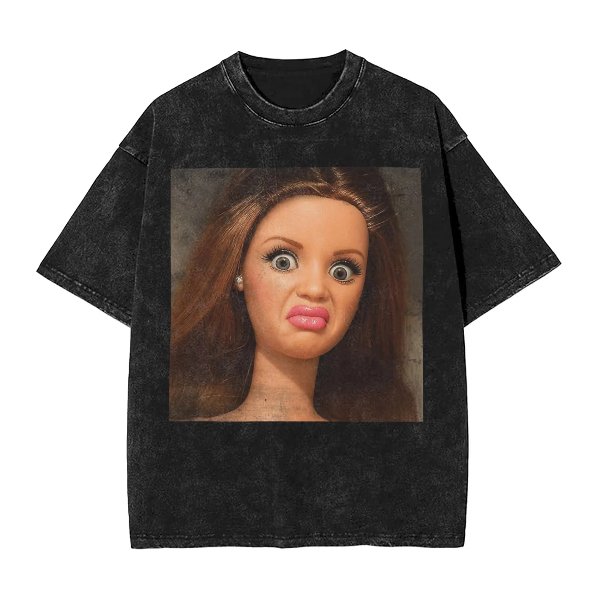 Funny Meme Disgusted Doll Face Doll Reaction Graphic Print T-Shirt Men Women Loose Casual Oversized O-neck Cotton Oversized Top