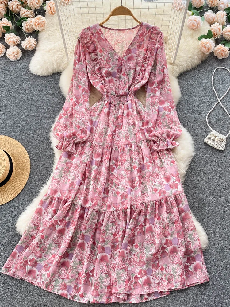 

Autumn Women Floral Chiffon Long Dress Vintage V-Neck Puff Sleeve High Waist Ruffle Vestidos Female A-LIne Beach Maxi Robe New