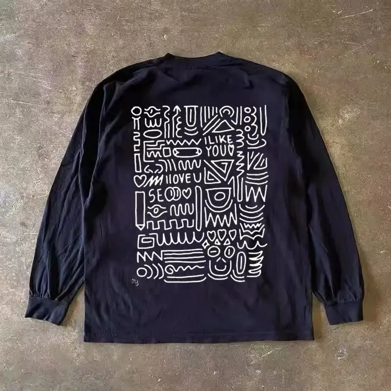 

2000s Oversized Round Neck Cotton Long Sleeve Tops Streetwear T Shirt Retro Hip Hop Graphic Print T Shirts Mens and Womens Rock