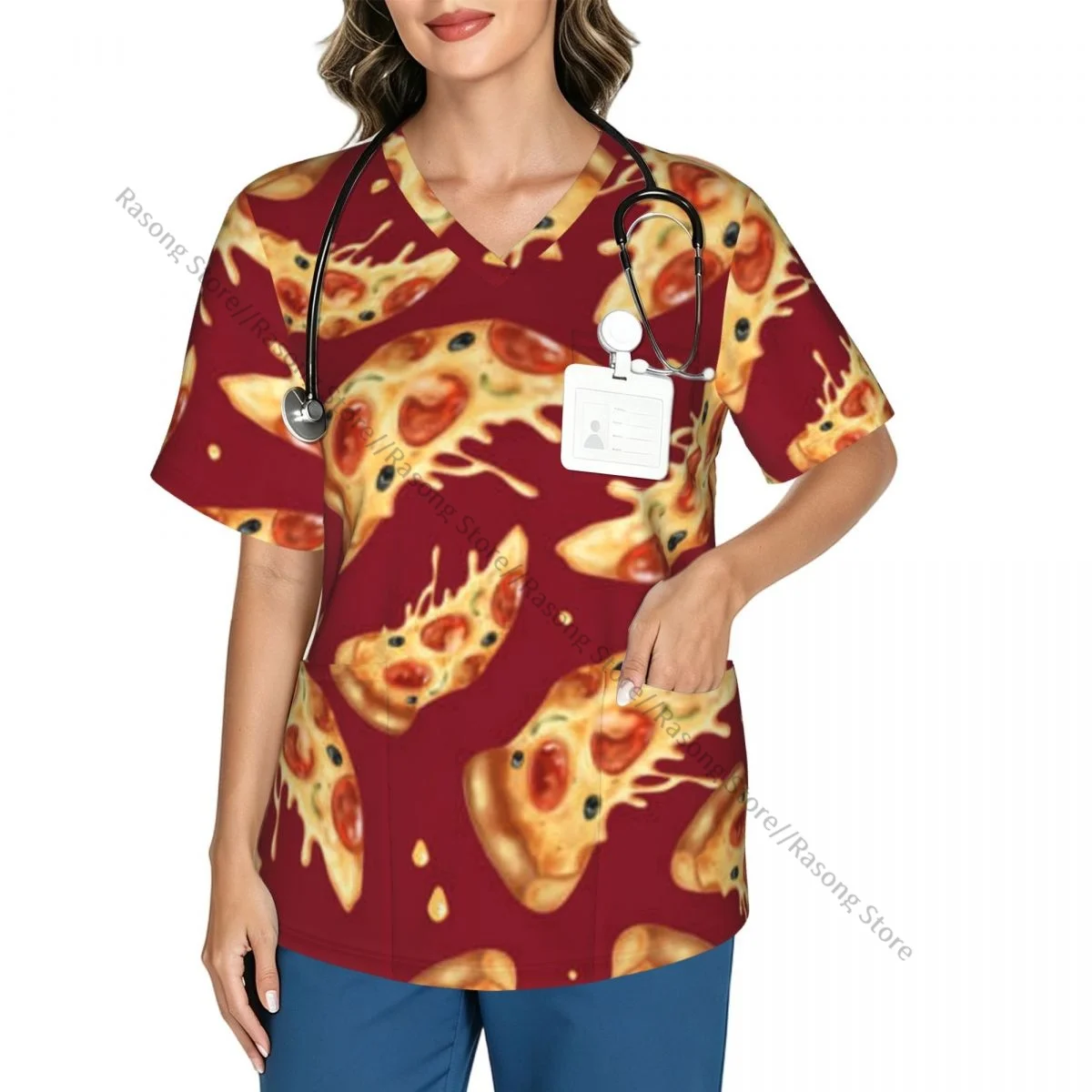 Women Scrubs Blouse Medical Nurse V-neck Clinical Scrubs Top Pepperoni Pizza Pattern Operating Room Work T-shirt