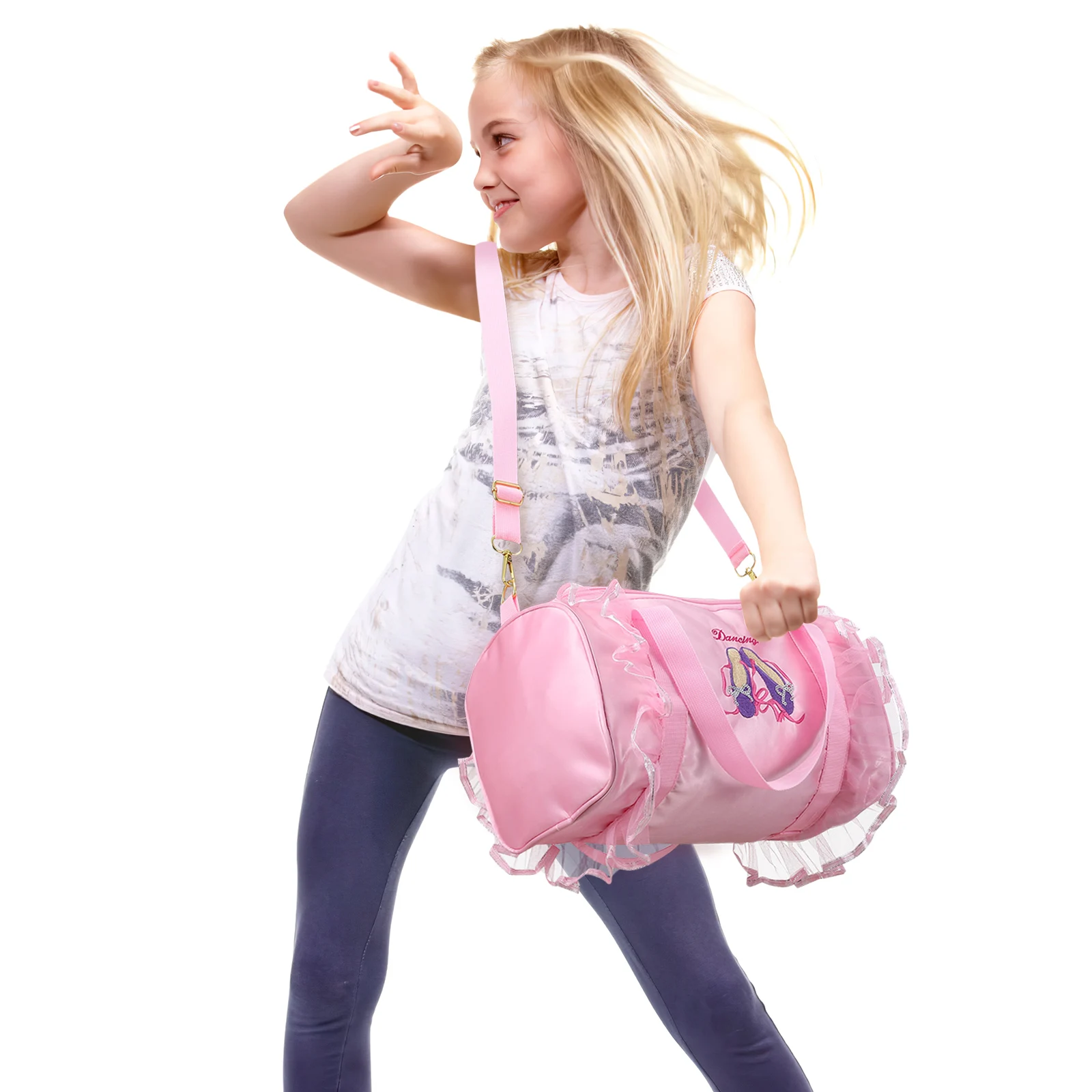 딥 핑크 댄스 가방 발레 슈즈 자수 메쉬 사이드 토트 숄더 대용량 지퍼 키체인 폼폼 액세서리