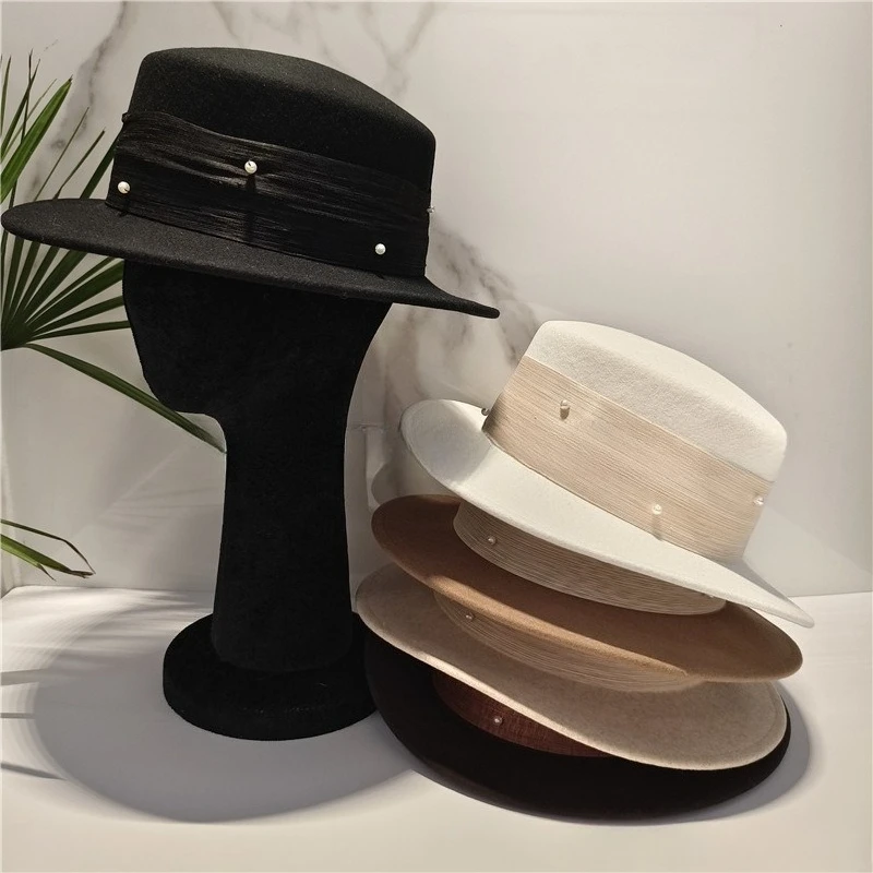 French Light Luxury Pearl Rhodochrosite Felt Flat Top Formal Hat Elegant British Style Lady Hat for Daily Party Dating