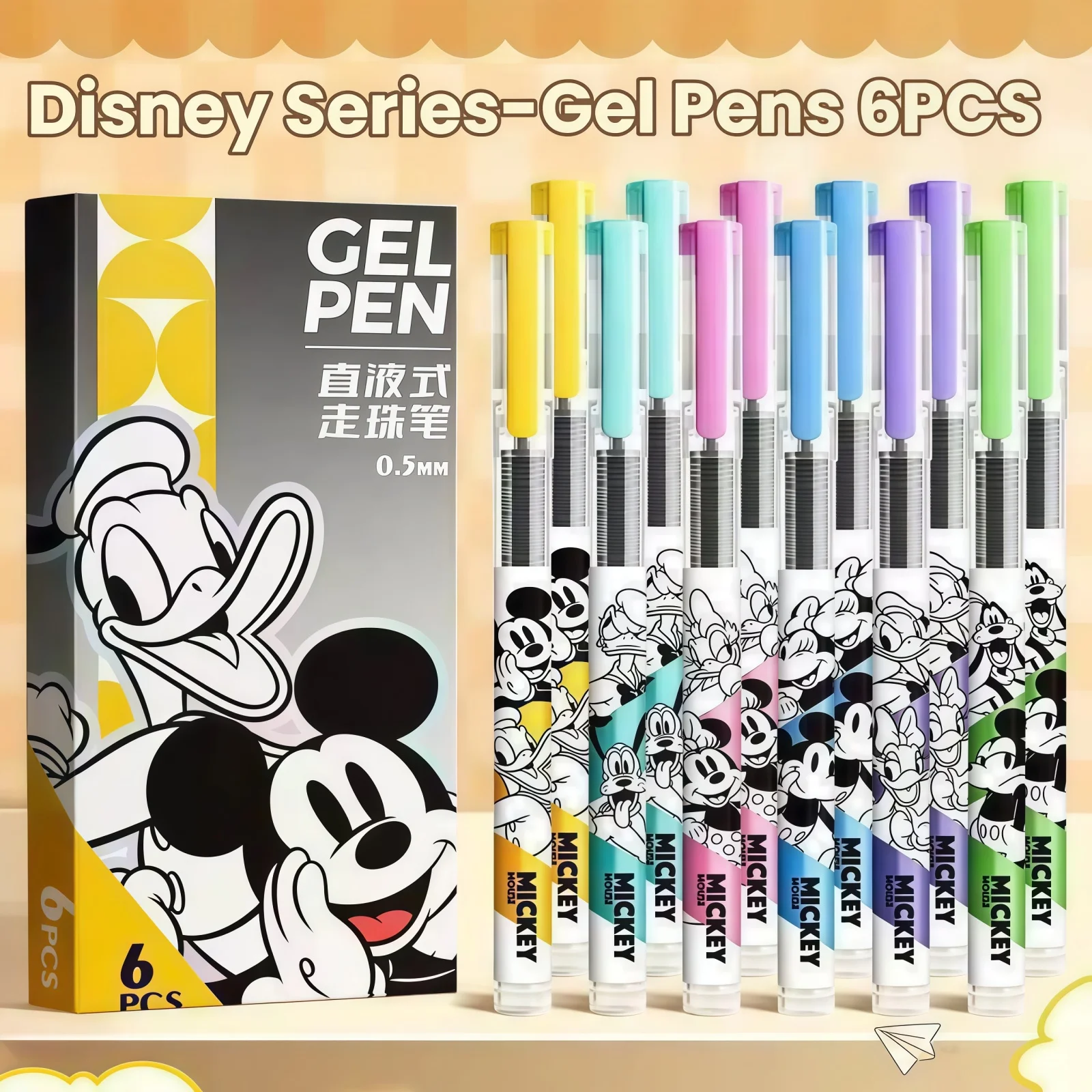 

6 Pcs/Set Mickey Mouse Limited Edition Cartoon Series Black 0.5mm Large Capacity Quick-drying Gel Pen Student/Office Stationery