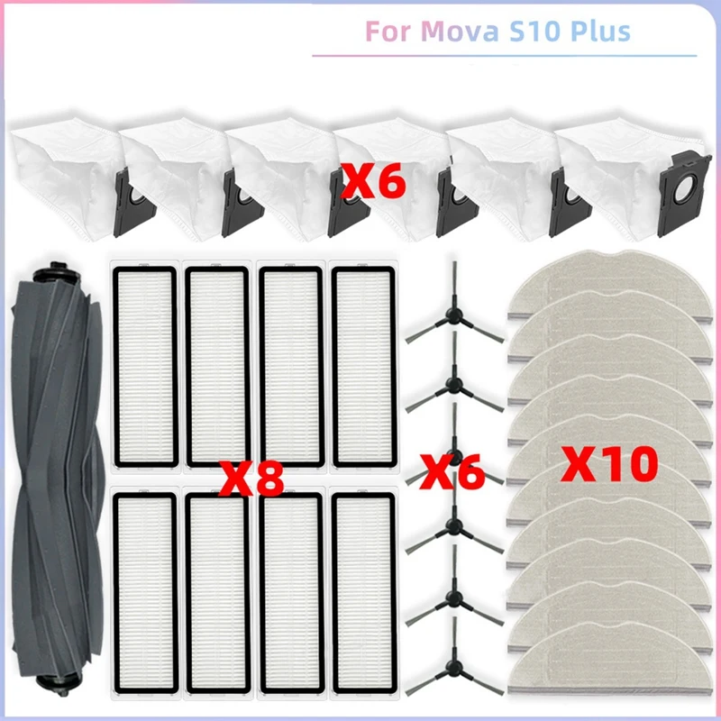 

A13R-For Dreame Mova S10 Plus / Trouver S10 Plus Vacuum Parts Main Roller Side Brush Hepa Filter Mop Cloth Dust Bags