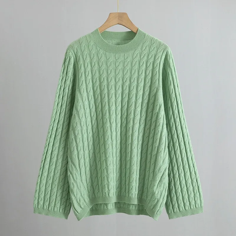 New Minimalist Fashion Round Neck Pullover Classic Cable Flower Solid Color Loose Profile Knitted Cashmere Sweater