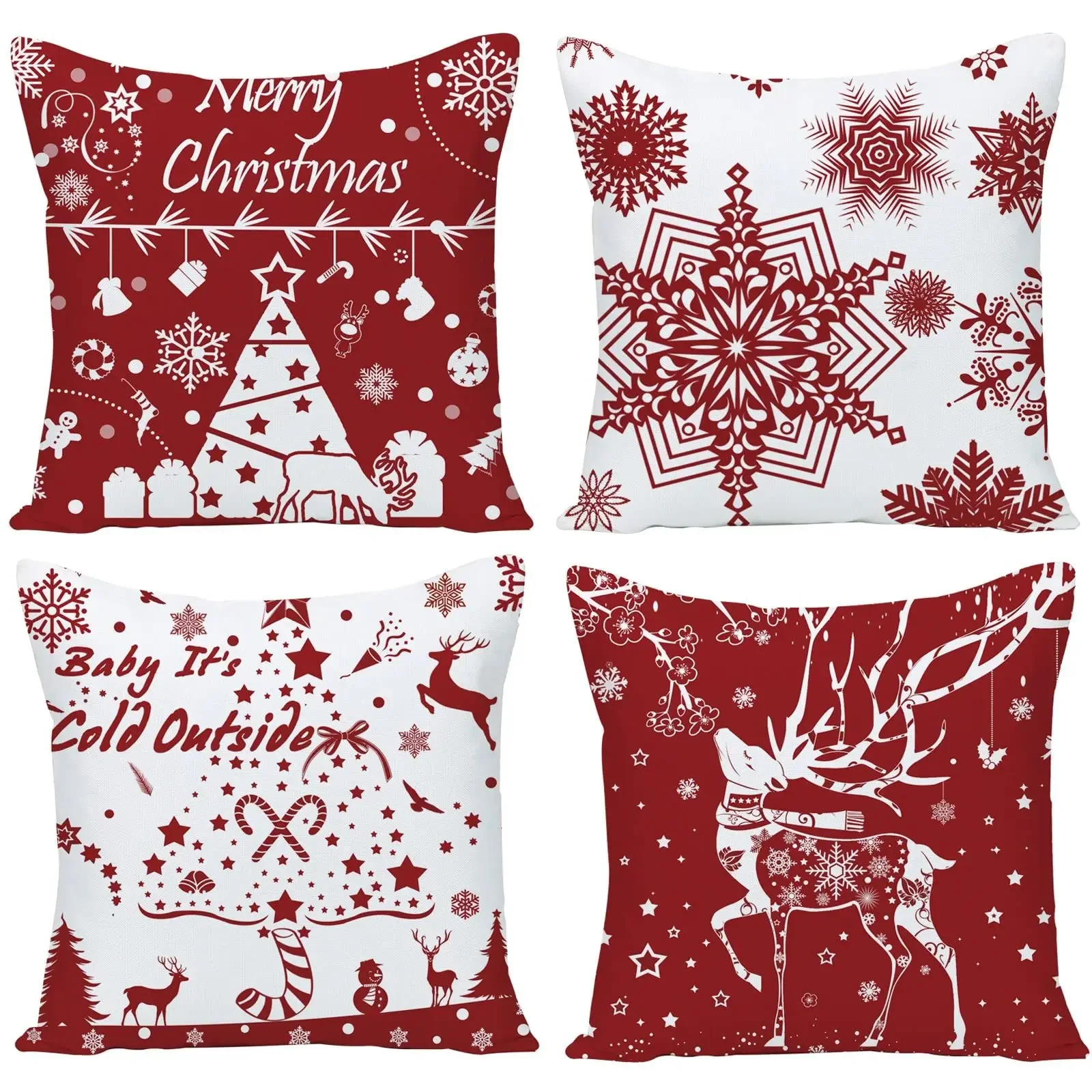 Christmas white pattern printing red linen pillowcase sofa cushion cover home improvement can be customized for you 40x40 50x50