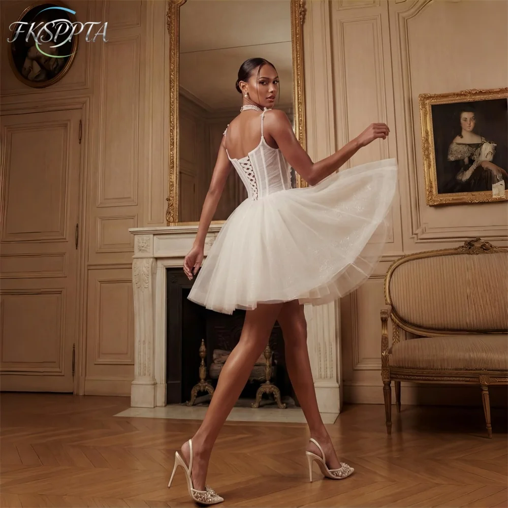 Bling Short Tulle Wedding Dresses A Line Corset Back Pearls Flowers 2026 Sexy Bridal Gowns For Wedding Vestido De Mariee