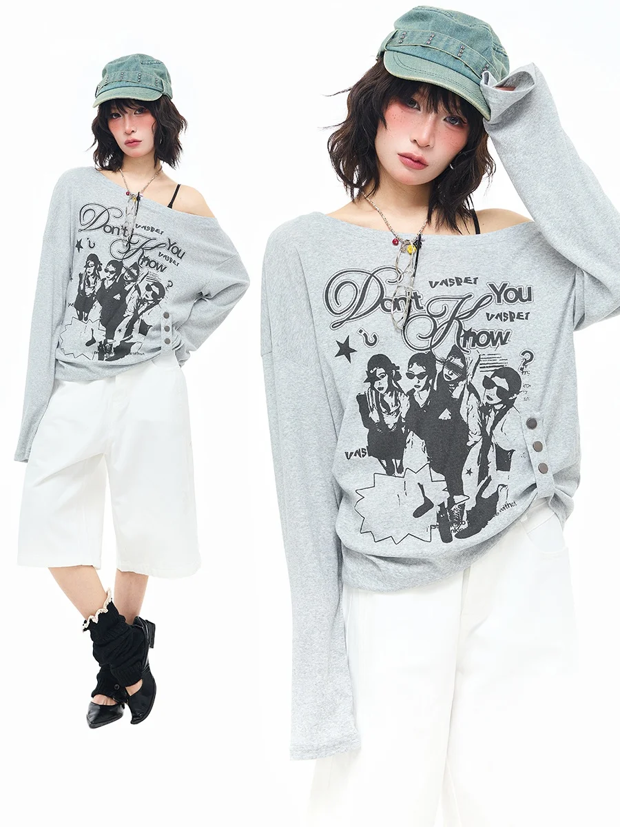 

Женская асимметричная футболка Sanowers fiti с принтом и длинными рукавами, свободный крой, повседневный стиль, весна-осень, хлопок, полиэстер