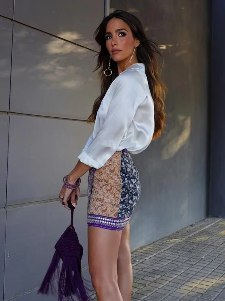 Boho Women Elegant Floral Print Mini Skirts 2023 Fashion Ladies Slim Patchwork Purple Skirt Vintage Female Chic Bottoms