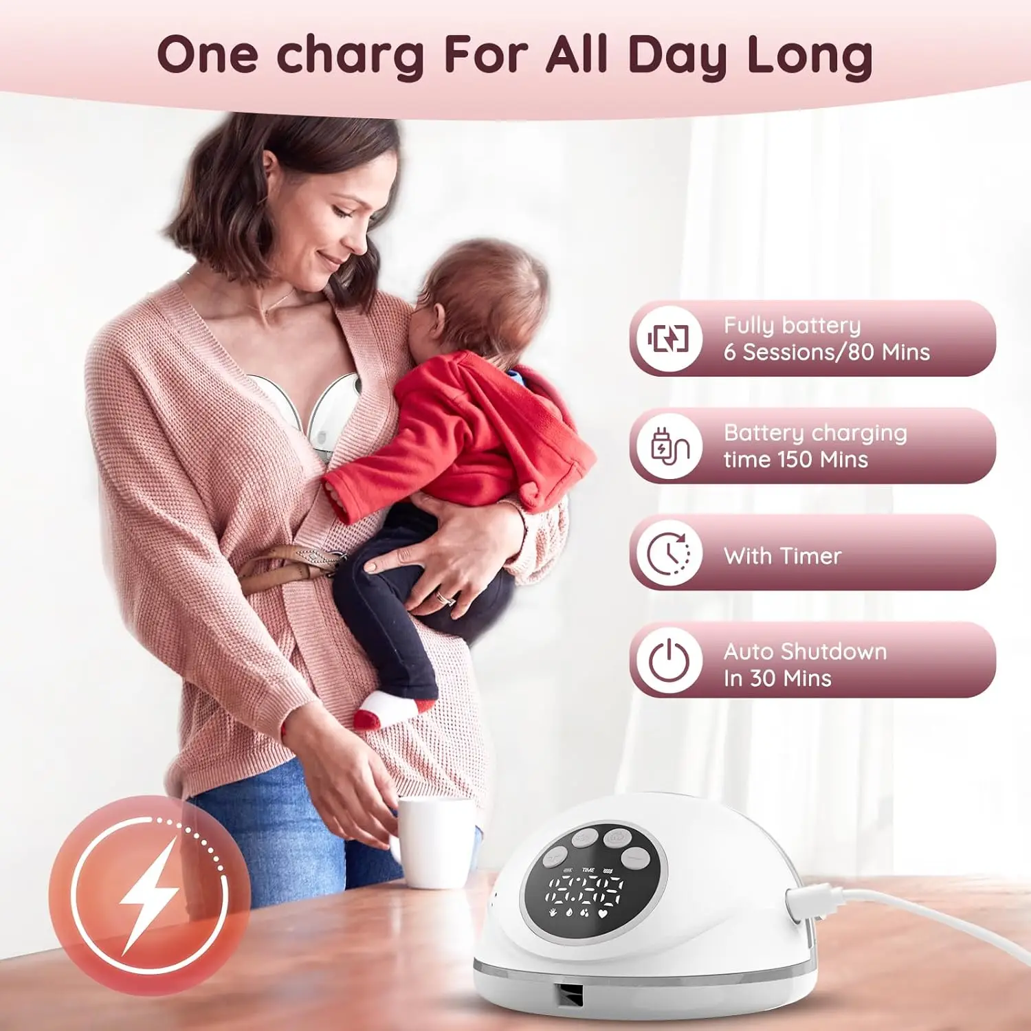 Elektryczny laktator do noszenia, bez użycia rąk, bez BPA, z opcjonalną podstawką z funkcją sterylizacji UV i ogrzewania, przenośny, bezprzewodowy laktator.