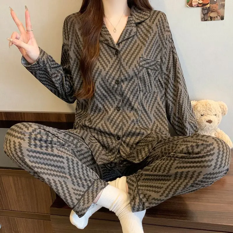 Plus Size Franse High-End Gestreepte Geruite Pyjama Voor Vrouwen Lente En Herfst Lange Mouwen Nachtkleding Studenten Nachtkleding Homewear