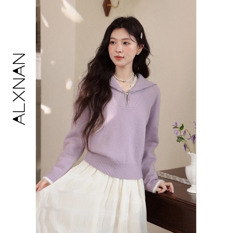 ALXNAN Dames Paarse Trui Herfst Winter Gebreide Truien Chic Chic Rits Hals Casual Warme Trui Lange Mouw Tops L59016