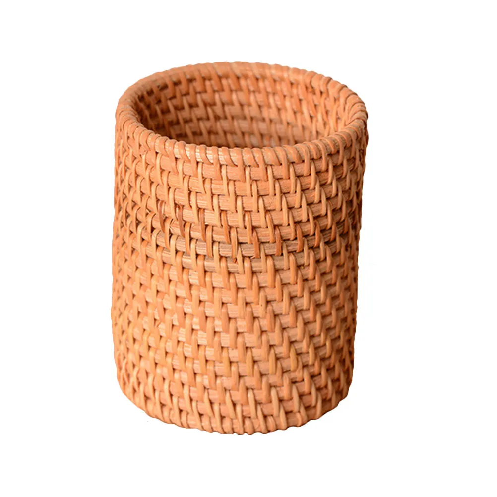 Circular Rattan Brush Holder Premium Natural Woven Pen Organizer for Students Artists Home Office Desk Decor Pencil Holder
