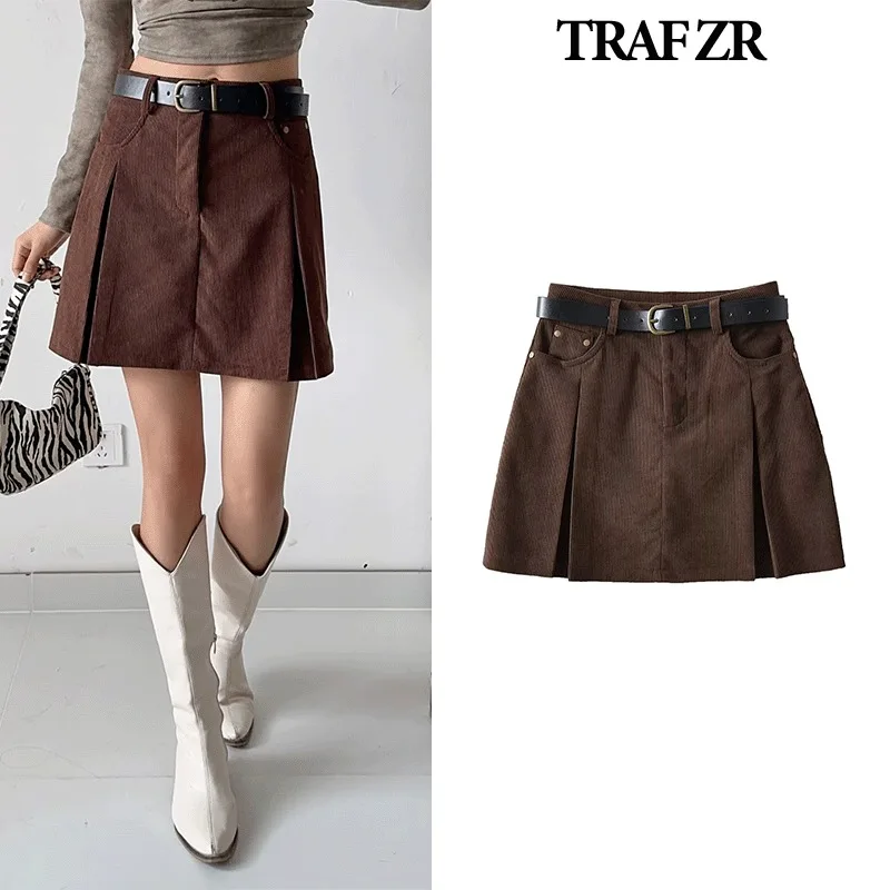 TRAF ZR Corduroy Skirt Evangelical Women\'s Skirts Y2k College Clothes Women Mini Pleated Skirt Luxury Elegant Women\'s Skirts