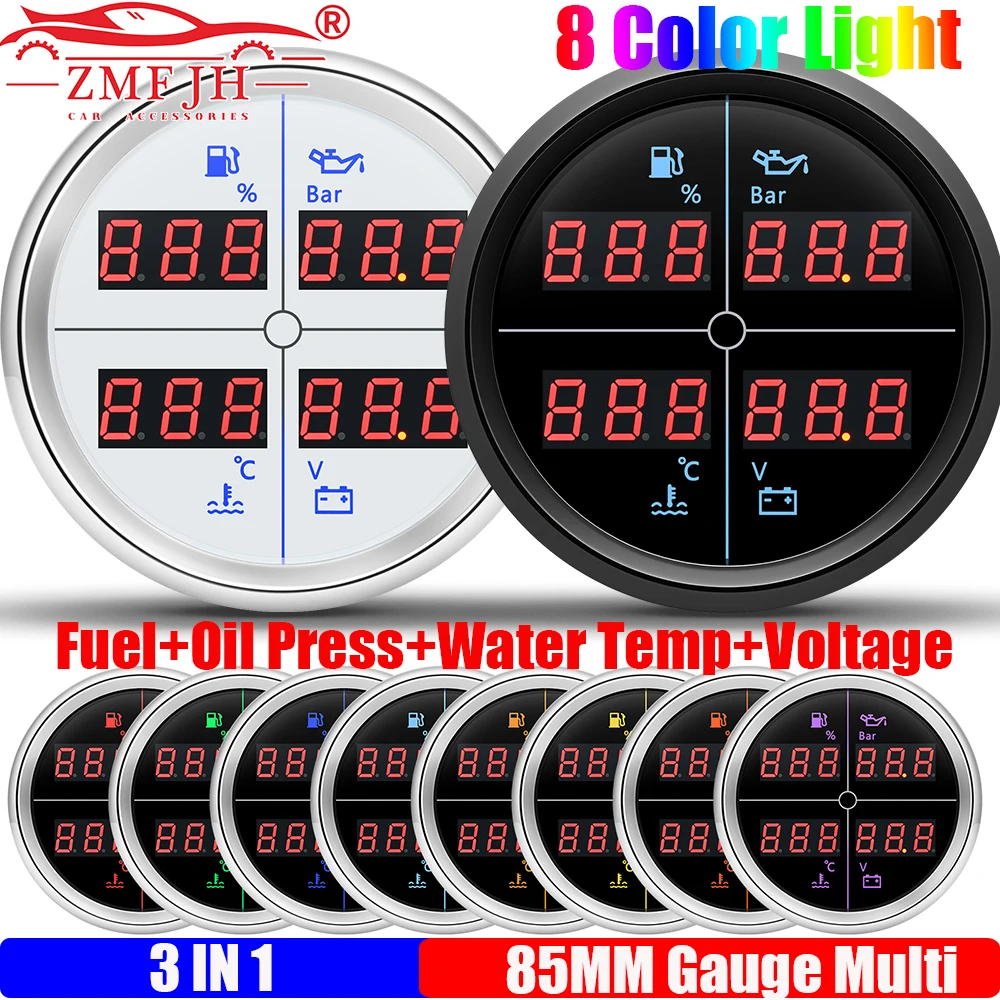 

Цифровой многофункциональный измерительный прибор ZMFJH 85 мм 4 в 1: уровень топлива + давление масла + температура воды + напряжение, 8-цветная LED-подсветка для автомобиля, лодки, яхты