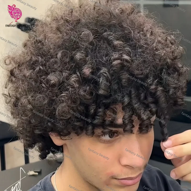 

Afro Toupee Cheap Curly 15mm Afro Wig Skin Pu 0.1mm Hair Injection System Replacement for Black Gray Men Real Indian Human Hair