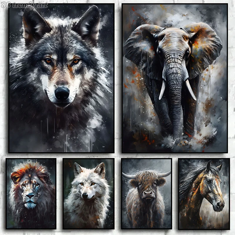 Abstract Animals Portrait Canvas Paintings Horse Lion Tiger Wolf Koala Watercolor Art Posters Animal Mural for Living Room Decor