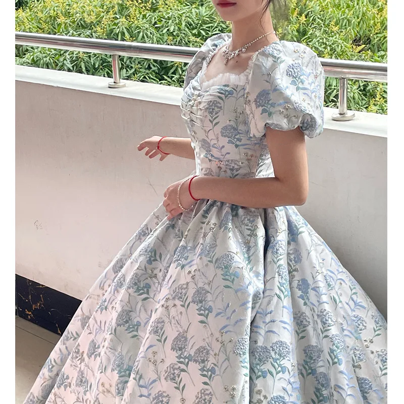 French Printed Floral Quinceanera Dresses Princess Puff Sleeve Lace Square Colllar Graduation Gown Sweet Fluffy Prom Vestido