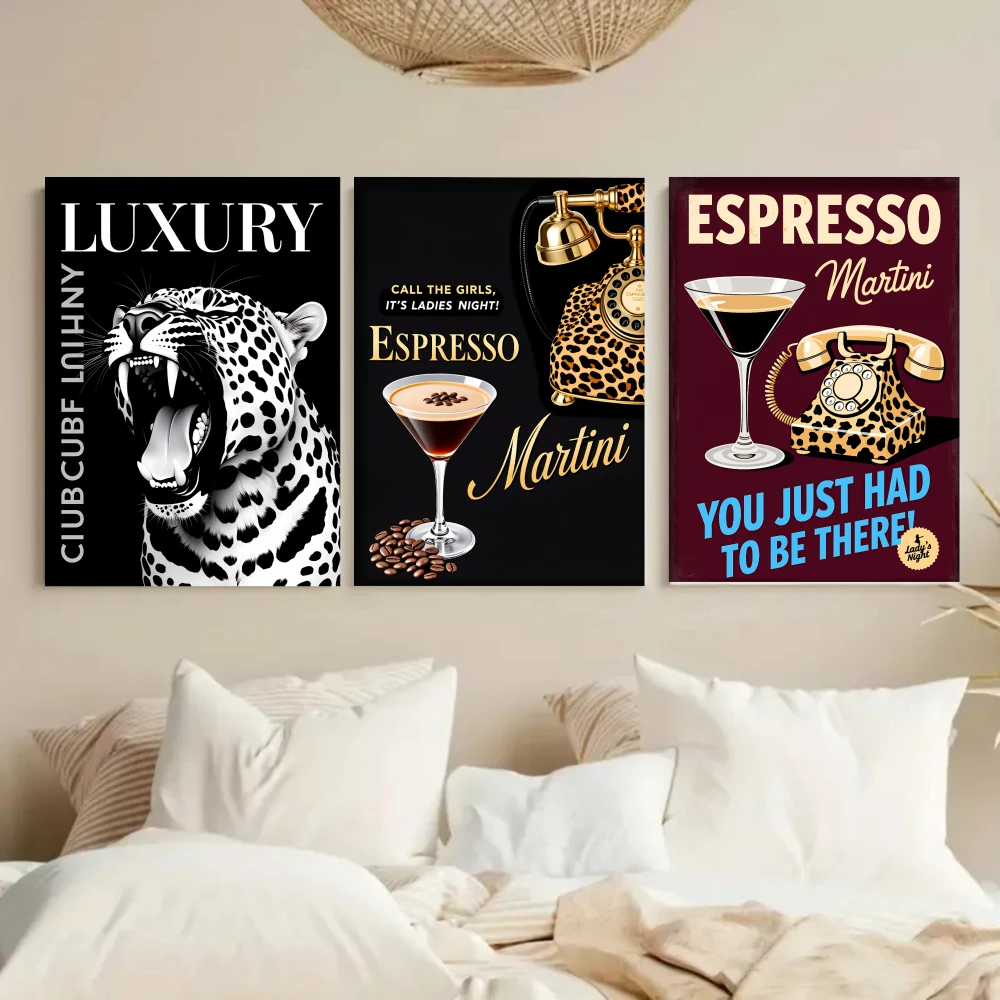 Framed Canvas Wall Art Set, Ink‑Black Burgundy Base Leopard Print Coffee Cocktail With Text, Ready‑to‑Hang Decor for Living Room
