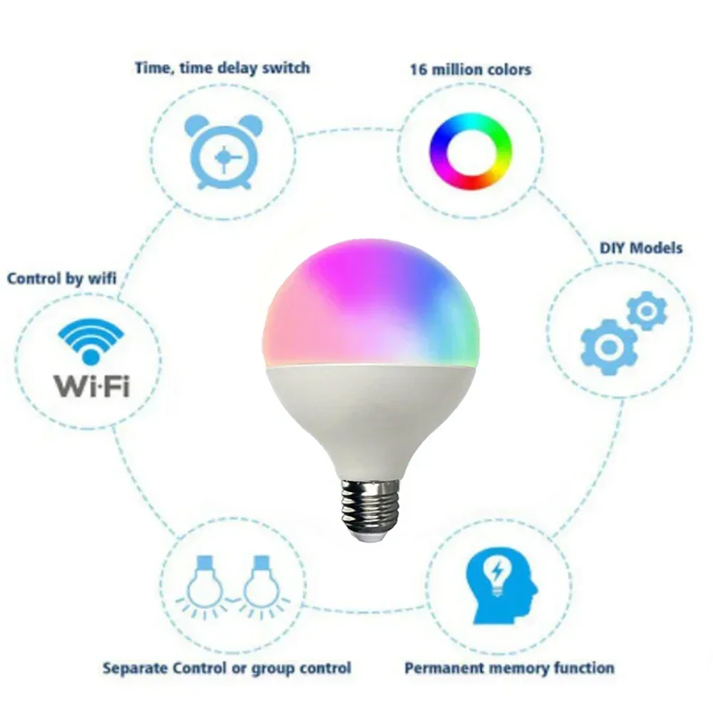 Wifi Smart E27 LED Light Bulb G95 12W 1200lm Equivalen 100-240V Warm Cool White RGB Colour Changing Spot Lamp Alexa Google Home