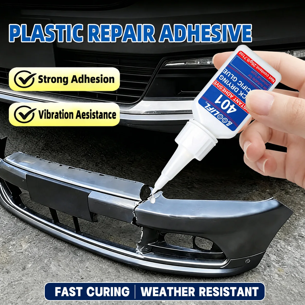 Loolifl 401 Instant Strong Adhesive, Universal Plastic Repair Adhesive, Fast Curing, Suitable for Repairing Car Bumper Cracks, Plastic Parts, and Can Bond Plastic, Metal, Rubber, Etc