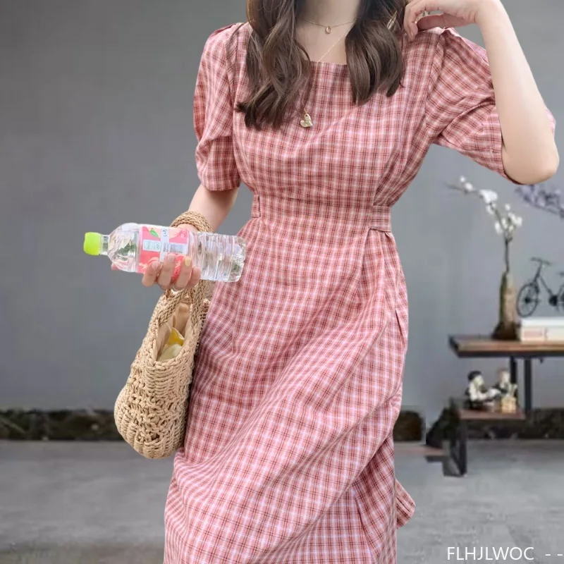 Vintage Cute Dresses Woman Summer Short Sleeve Bow Tie Lace-Up Slim Waist Korean Style Japan Design Cotton Plaid Dress Pink 5826