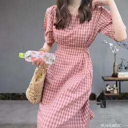 Vintage Cute Dresses Woman Summer Short Sleeve Bow Tie Lace-Up Slim Waist Korean Style Japan Design Cotton Plaid Dress Pink 5826