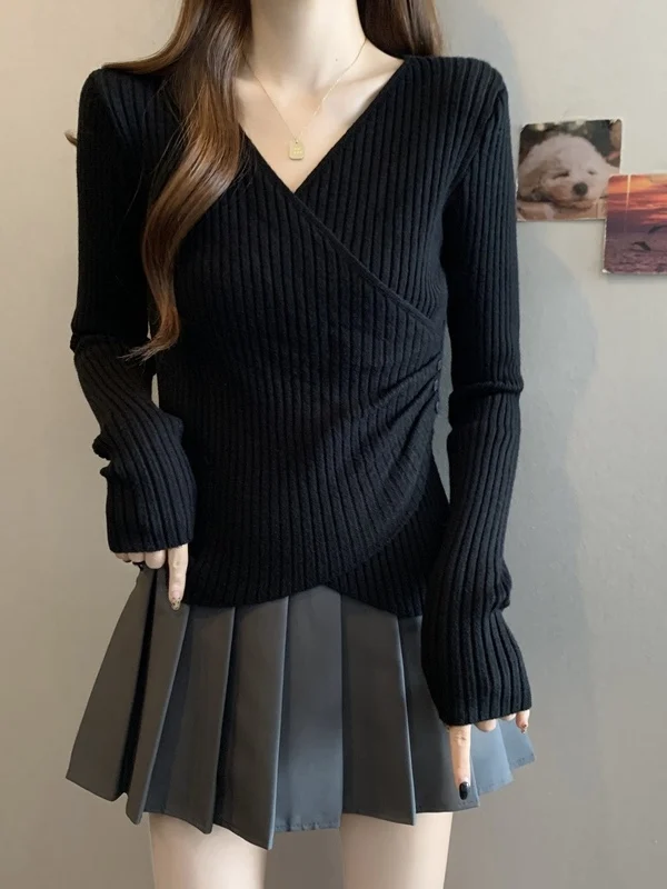 

plus Size Women's V-Ne Long Sve Knitwear Slim Fit Base irt Asymmetrical Design Casual Comfortable Breathable Top