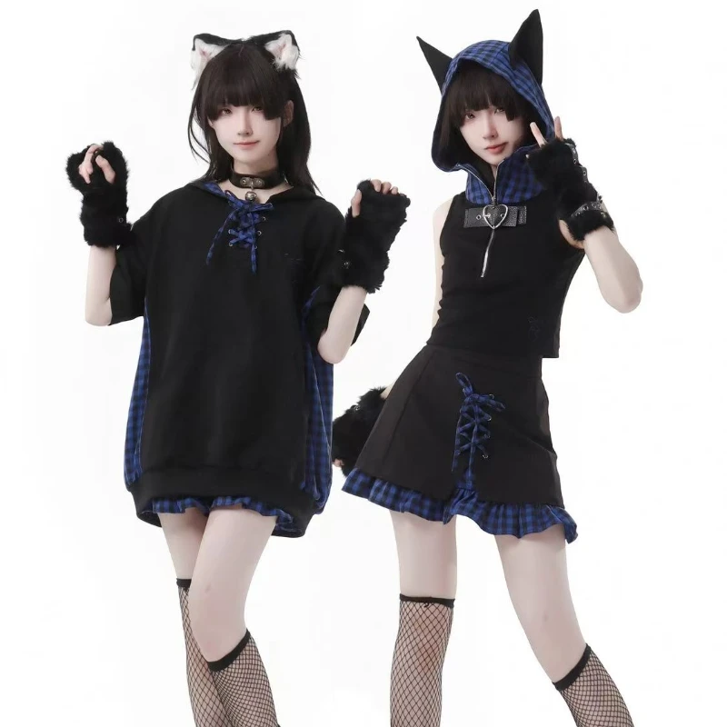 Subculture Vintage Gothic Lolita Short Sets Women Sweet Short Sleeve Hooded Coat Cat Ear Vest High Waist Short Harajuku Y2k Suit