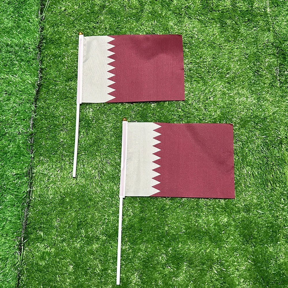 SKY FLAG Qatar hand Flag 10/20/50/100pcs 21*14cm Qatar Hand Waving Flags With plastic pole For Sports Activity Home Decor