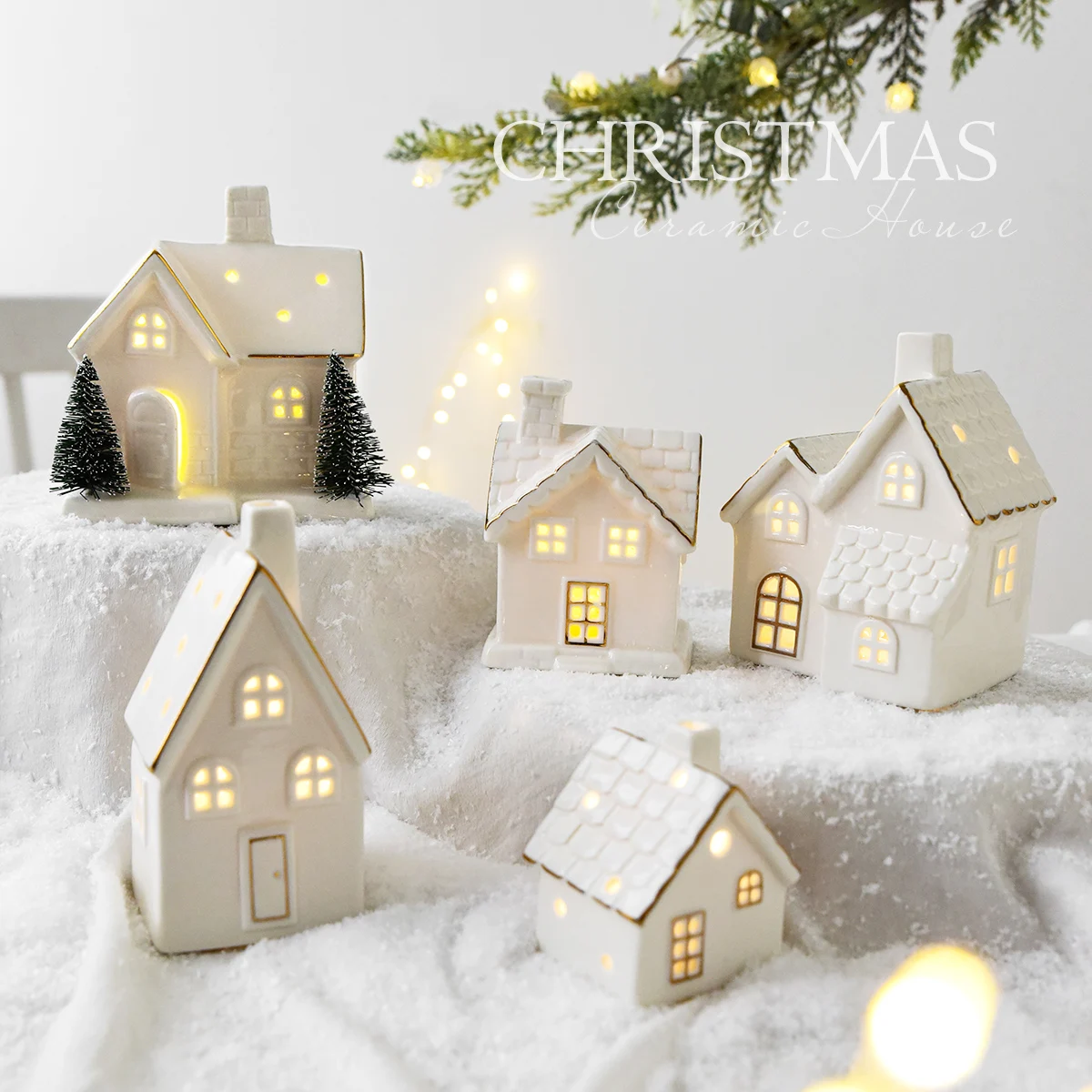 Christmas Tree House Ceramic Ornament Creative Luminous Snow House Christmas Small Scene Decoration Desktop Ornament